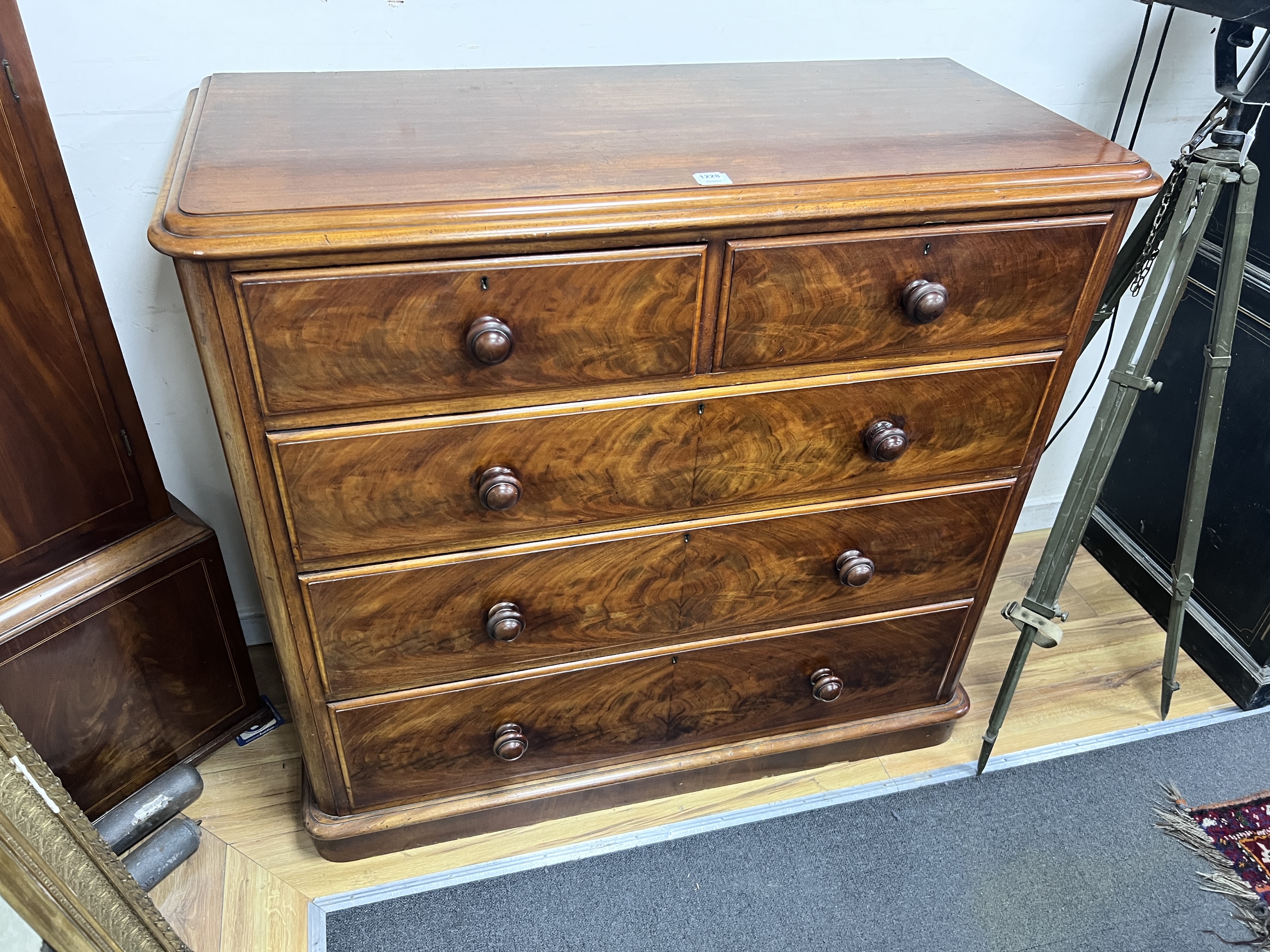 A Victorian mahogany chest of two short and three long drawers, width 124cm, depth 56cm, height 116cm